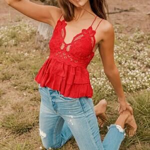Free People Adella Cami Crochet Lace Flowy Tiered Crisscross Cherry Red S New
